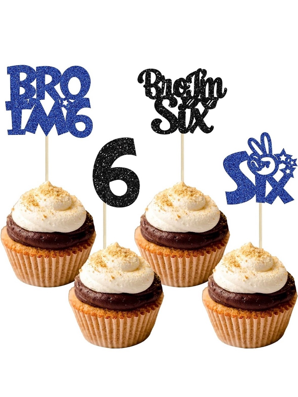 Glitter Number Six Cupcake Toppers - Blue & Black Party Picks